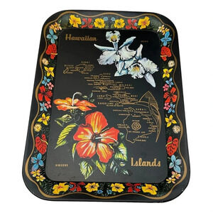 Vintage Hawaii Metal Tray Tiki Black Bright Colors Islands 13 x 9 Japan Tiki Bar